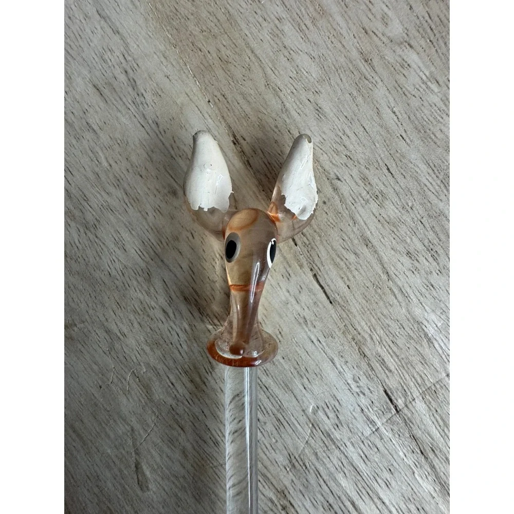 Vintage Glass Swizzle Stick Animal Head Donkey Burro Drink Stirrer Amber‎ Clear